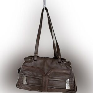 Kathy Van Zeeland Brown Shoulder Bag Multi Zip Pocket Studded Hardware